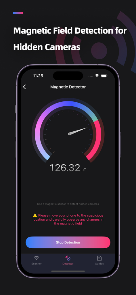 Screenshot of the Hidden Cameras Detector app showing the magnetic field detection interface with a numerical reading and gauge