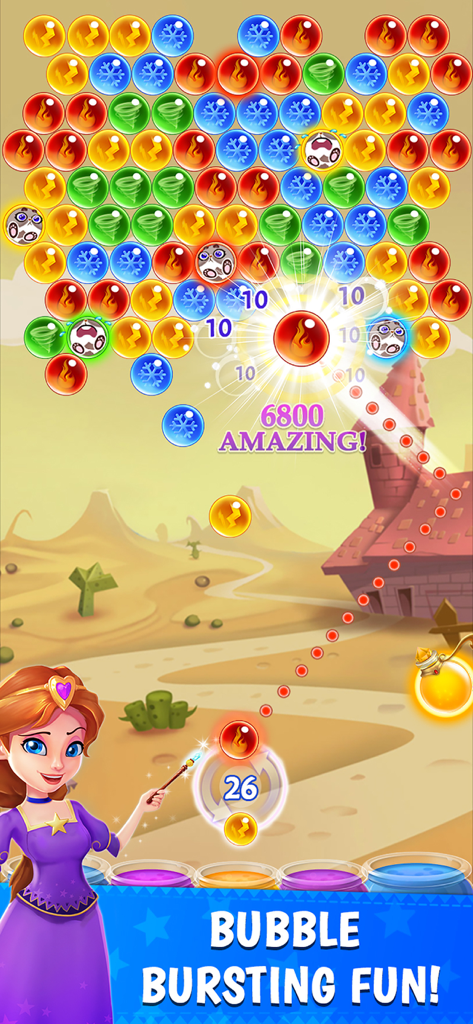 Bubble & Dragon - Prinzessin Alice zielt mit einer Feuerblase auf ein Gitter bunter Blasen, um Kätzchen im Spiel Bubble and Dragon zu retten