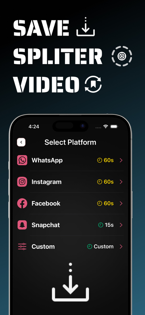 Blackhole Spliter, Video Saver - Interface of the Blackhole Video Splitter app showing video length presets for WhatsApp Instagram Facebook and Snapchat