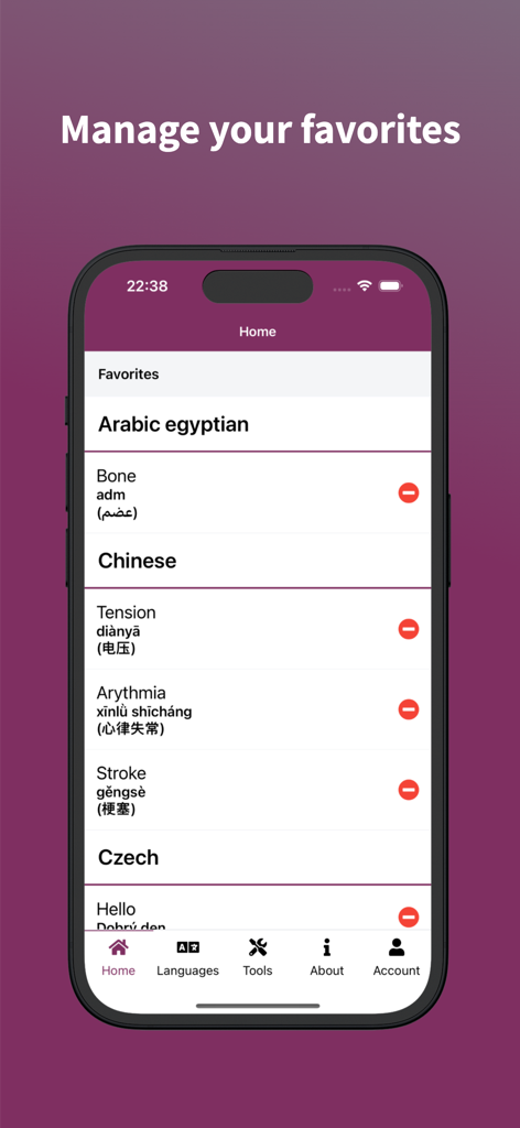 아랍어와 중국어로 된 의료 번역 목록이 있는 메디글롯 앱 인터페이스를 보여주는 스마트폰
