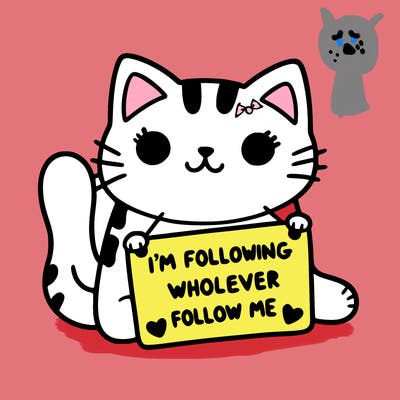 cat with a sign that says i’m following whoever follows me