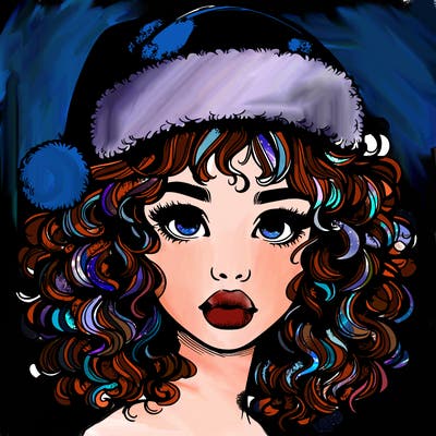 realistic girl with a santa hat curly hair and lips