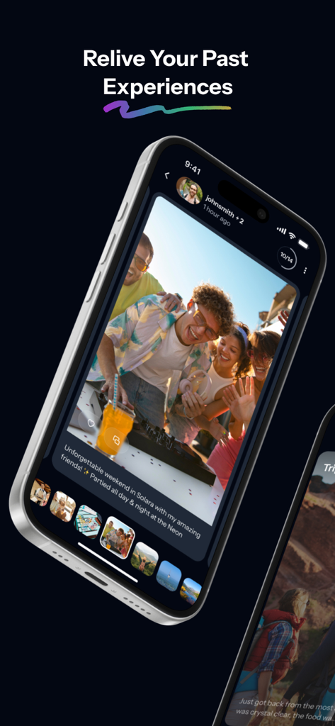 Recap: Relive Your Memories - A smartphone showing the Recap app interface with a photo album of friends at a party under the headline Relive Your Past Experiences.