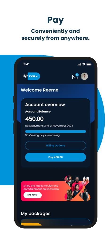 MyDStv app account overview showing balance and payment options