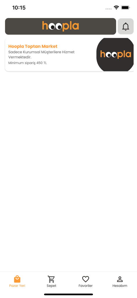 Hoopla - Hoopla mobile app home screen for corporate wholesale orders showing marketplace navigation and minimum order requirements.