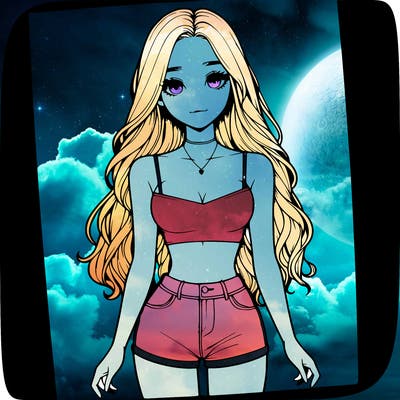 a realistic girl with long hair and in a crop top and shprts