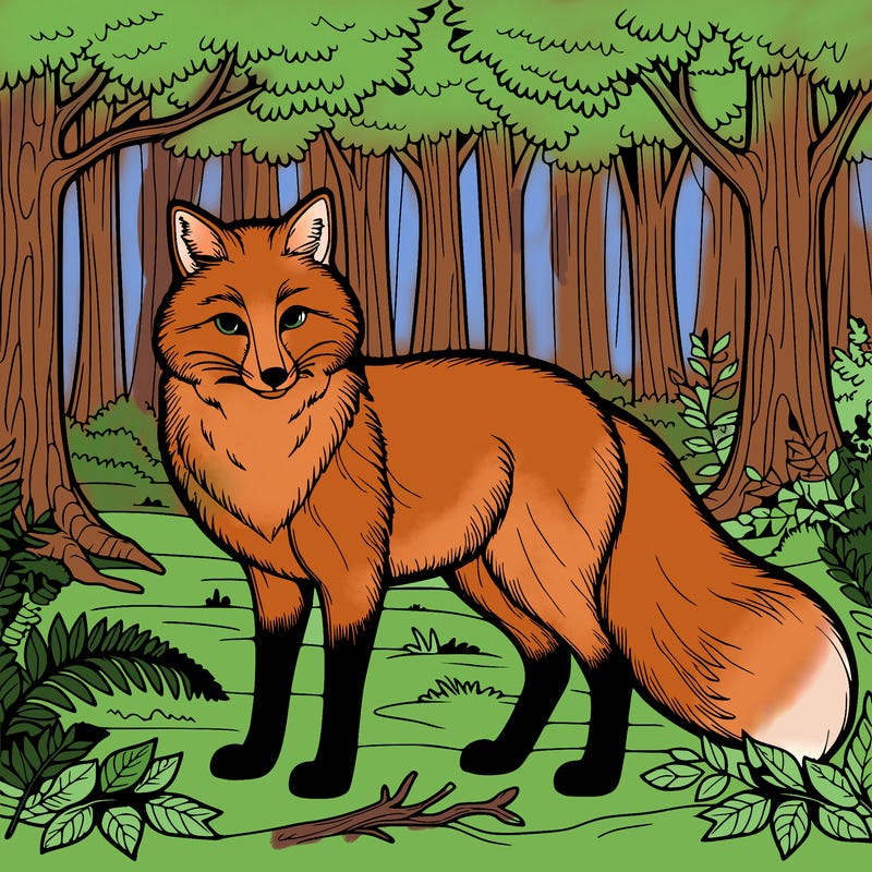 a realistic fox in the forest.