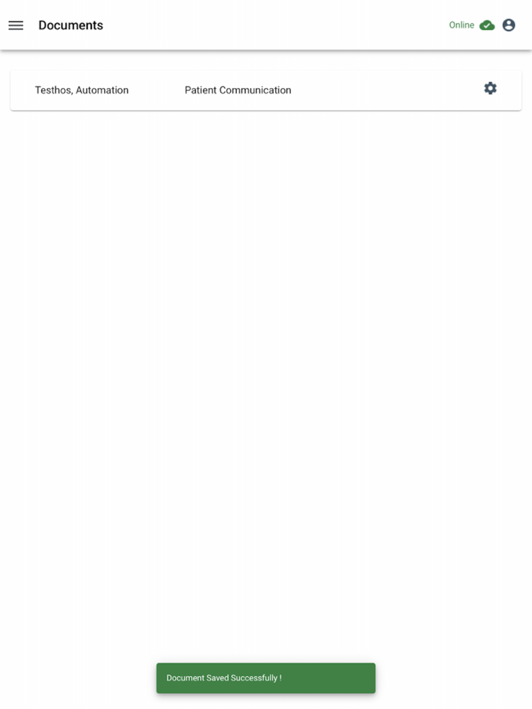 WellSky HHH Offline - WellSky HHH Offline interface displaying a green confirmation bar stating that a document was saved successfully.