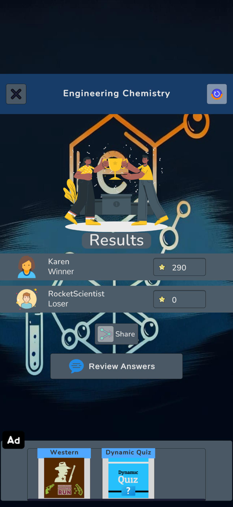 Chemistry Knowledge Quiz - Página de resultados mostrando pontuações e vencedor de um quiz de química de engenharia.