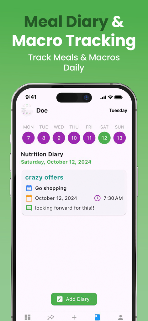 NutriScan: AI Calorie Counter - Diario de nutrición de la aplicación NutriScan y pantalla de seguimiento de macros con vista semanal y opciones de registro de comidas