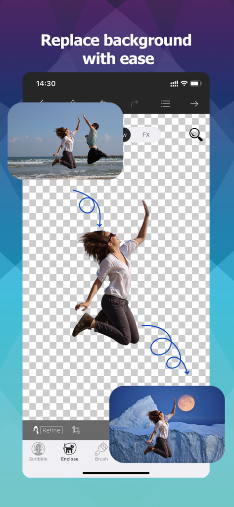 ビーチの写真から人物を切り抜き、新しい山の背景に配置するモバイルアプリのインターフェース