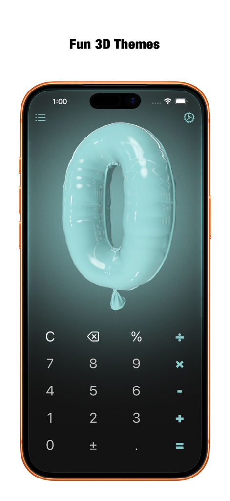Calculator DE - Calculator DE app interface showing a fun 3D light blue balloon shaped like the number zero on a designer calculator screen.