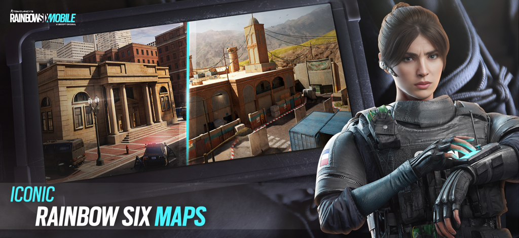 Rainbow Six Mobile - Un operador táctico se encuentra junto a una pantalla que muestra mapas icónicos de Rainbow Six Mobile