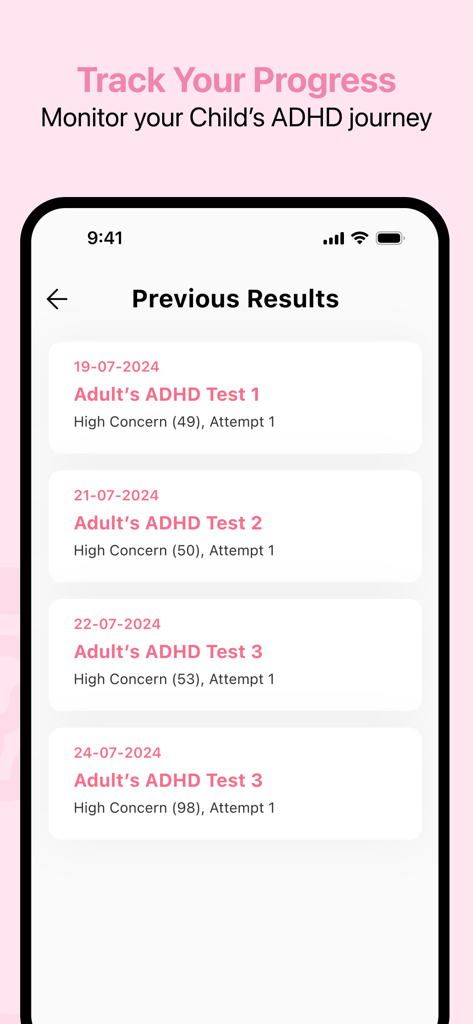 Écran d'historique des résultats du test TDAH sur l'application mobile avec des dates et des niveaux de préoccupation pour suivre les progrès au fil du temps.
