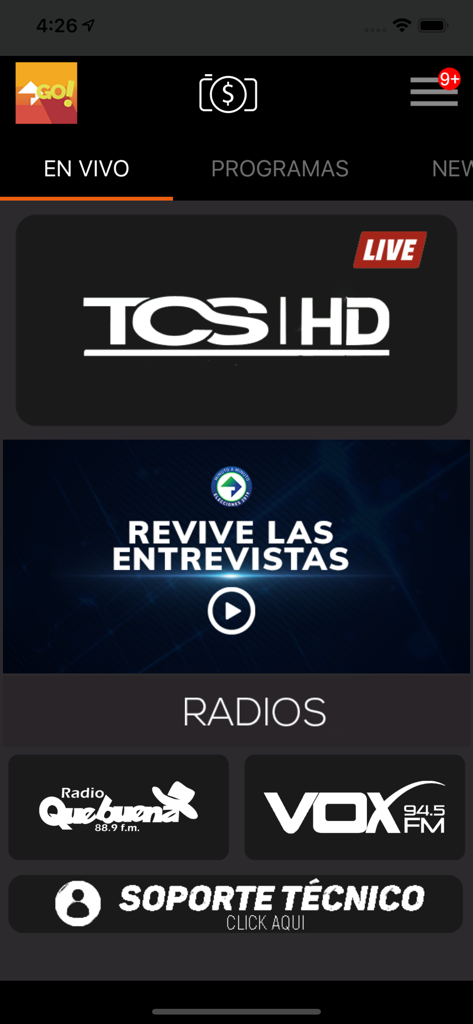 TCS GO mobile app interface showing live HD TV channels and Salvadoran radio stations