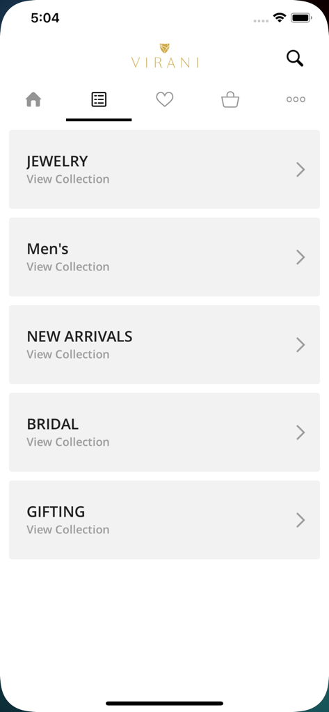 Virani Jewelers mobile app navigation menu showing various jewelry categories like bridal and gifting