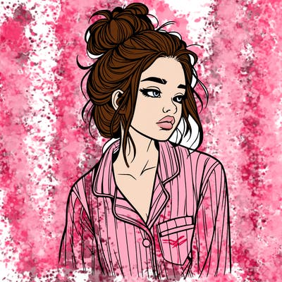 realistic woman with pajamas on and a messy bun