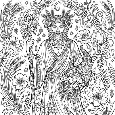 Discover the richness of ancient myths with this intricate coloring page featuring an Agricultural Deity. Immerse yourself in a world of fertility, harvest, and nature's generous cycles, brimming with wheat, grapes, and blossoming flowers.
