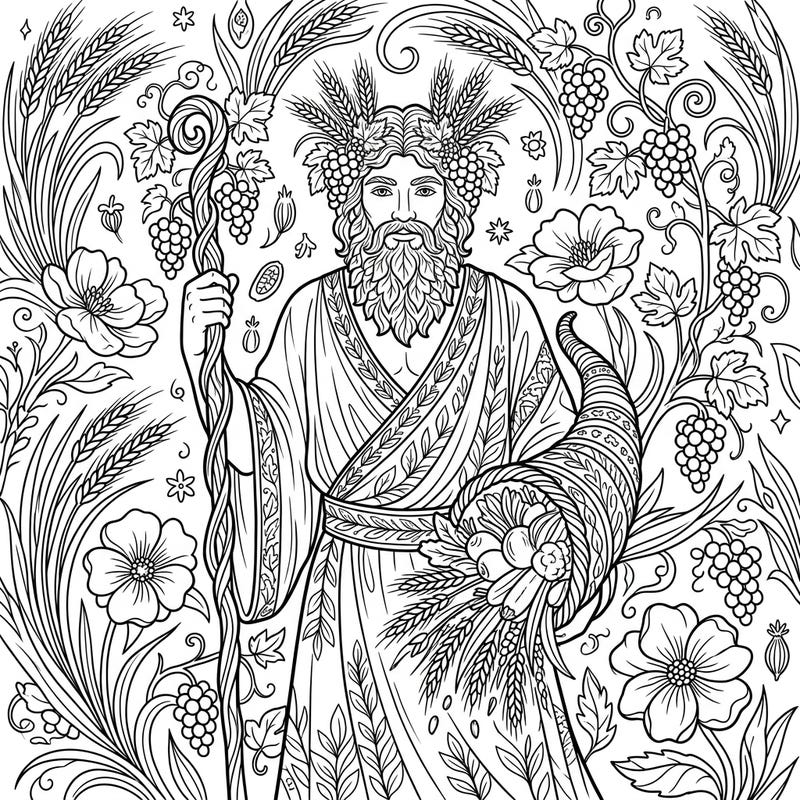 Discover the richness of ancient myths with this intricate coloring page featuring an Agricultural Deity. Immerse yourself in a world of fertility, harvest, and nature's generous cycles, brimming with wheat, grapes, and blossoming flowers.