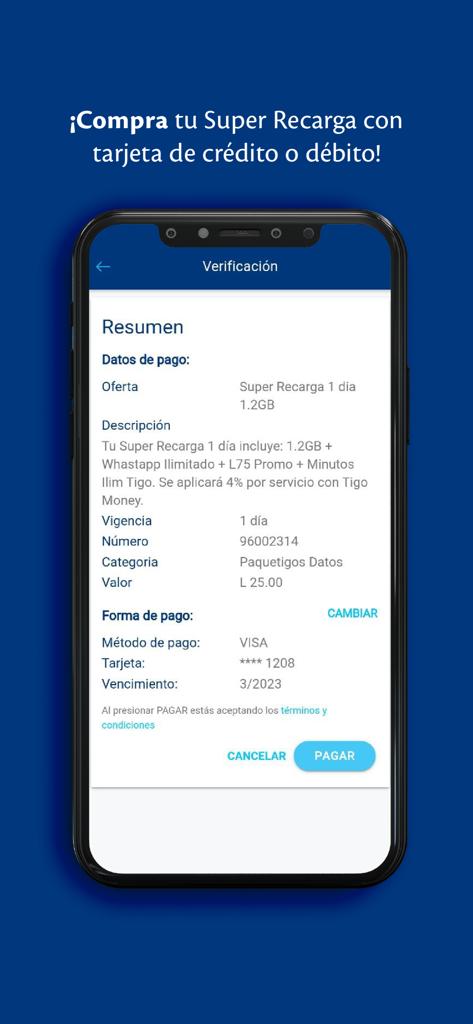 Écran de vérification de paiement dans l'application Mi Tigo Honduras affichant un récapitulatif d'une recharge mobile Super Recarga