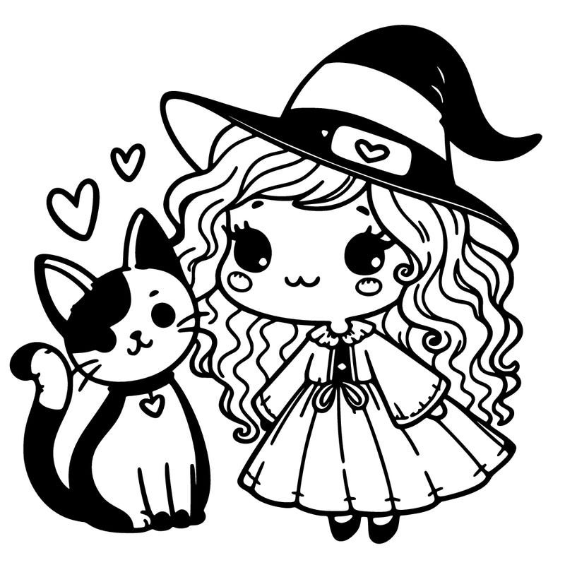 a witch with curly hair and a cat with hearts