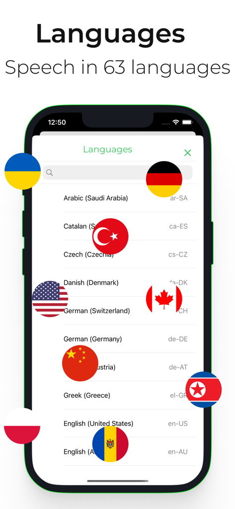 Uno screenshot dell'app Transcribe Live che mostra un elenco di lingue supportate per la trascrizione in tempo reale con bandiere globali