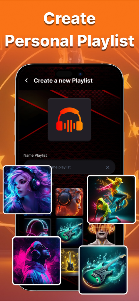 Un écran de smartphone affichant l'interface de création de playlist personnelle avec des vignettes vibrantes sur le thème de la musique.