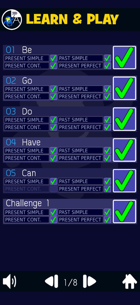 English Verbs & Tenses Smash - App screen showing a list of common English verbs and completed tenses with green checkmarks for learning progress.