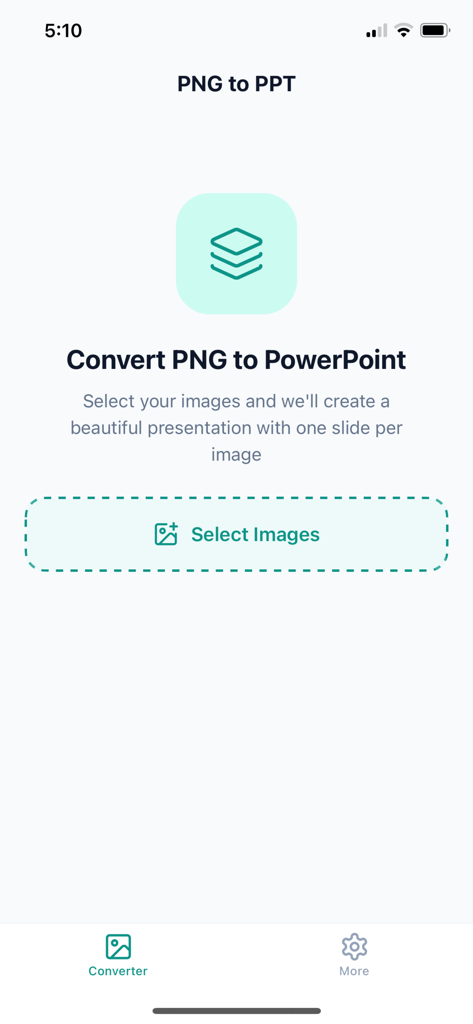 PNG to PPT Converter - PNG to PPT Converter mobile app home screen featuring a button to select images for presentation creation