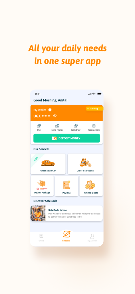 SafeBoda with SafeCar - SafeBoda super app home screen showing ride hailing delivery and financial services
