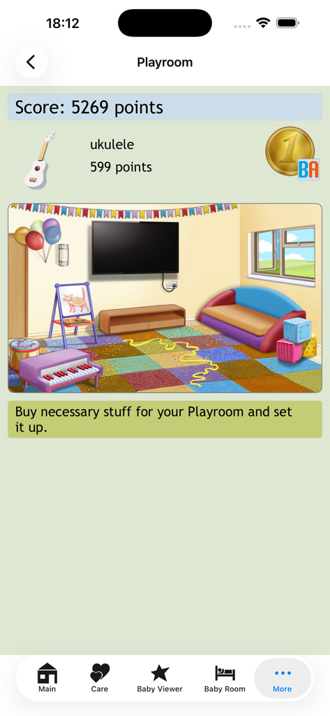 Baby Adopter Holidays - Interface of the Playroom in Baby Adopter Holidays showing options to buy furniture like a ukulele with points