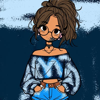 girl with a messy ponytail glasses a baggy crop top and jean shorts