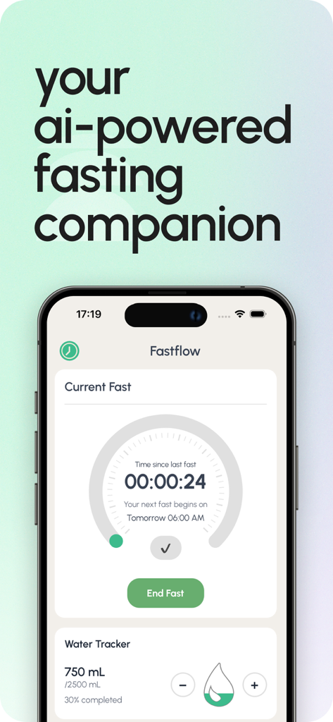 AI Easy Fast: FastFlow - Panel de la app FastFlow que muestra el temporizador de ayuno intermitente y el rastreador de agua.