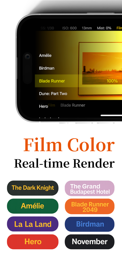 XPANCam - XPANCam 인터페이스에 실시간 시네마틱 영화 필터 및 필름 색상 LUT가 표시되어 있습니다.