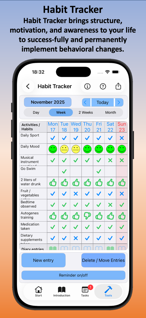Life-Improver - Selfcoaching - 毎日の目標と進捗アイコンが表示された週刊習慣トラッカーを表示するiPhone画面