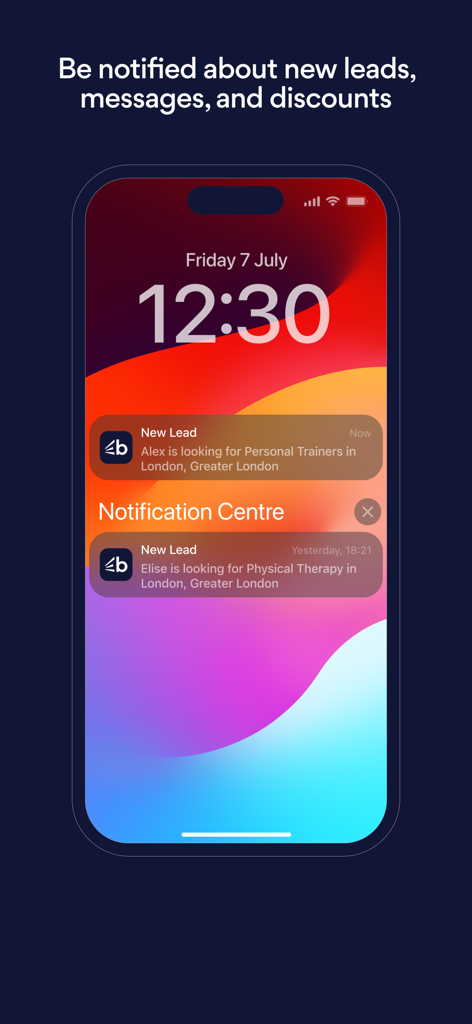 Bark for Professionals app showing new lead notifications on an iPhone lock screen