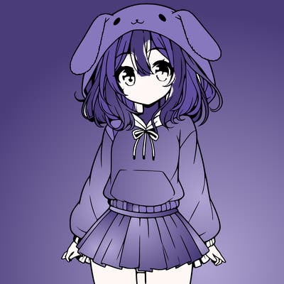 pretty anime girl wearing a fluffy hoodie with bunny ears on the hood and a skirt
