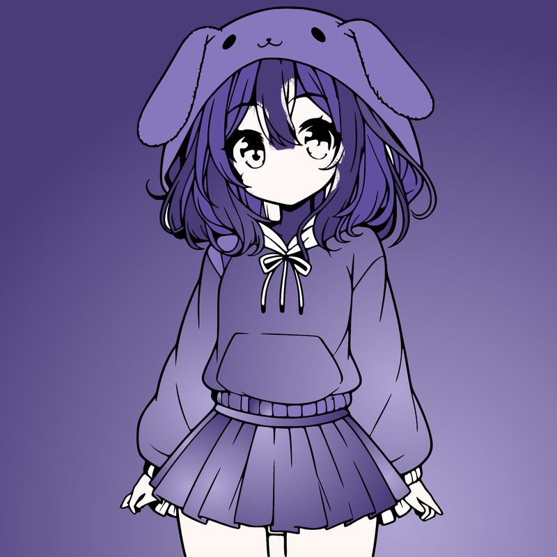 pretty anime girl wearing a fluffy hoodie with bunny ears on the hood and a skirt