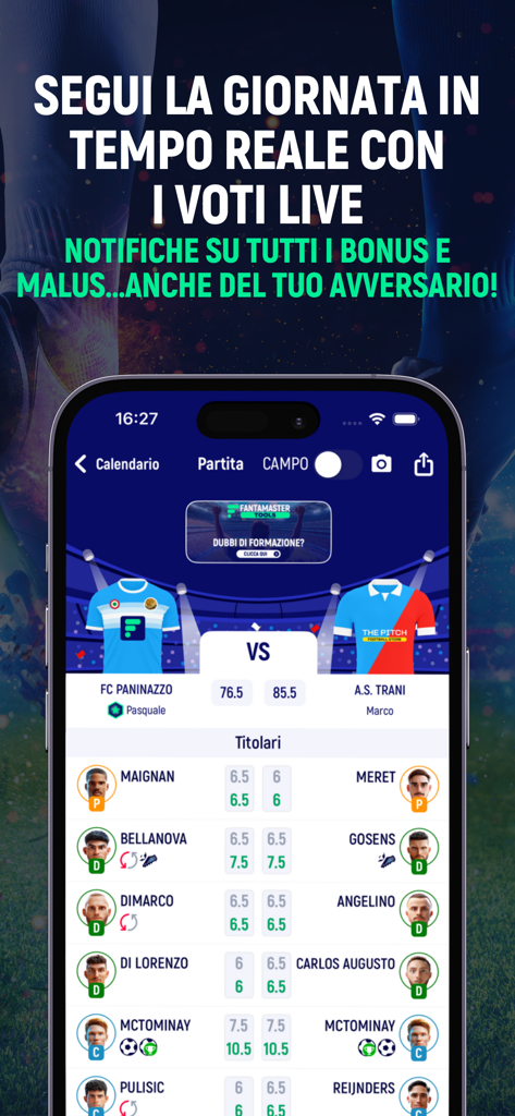 Interfaccia dell'app FantaMaster che mostra punteggi di fantacalcio in tempo reale e valutazioni dei giocatori
