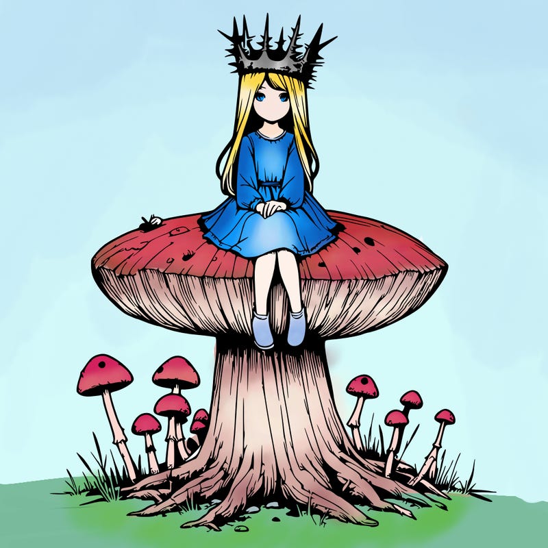 realistic girl sitting on a huge tree stump size toadstool with thorn crown