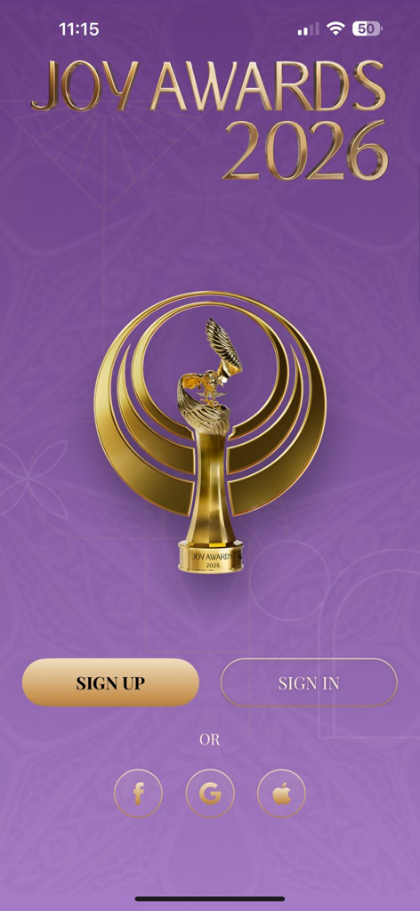 Joy Awards - Pantalla de inicio de sesión de la app Joy Awards 2026 con un trofeo dorado sobre un fondo morado