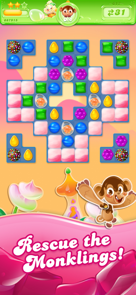 Candy Crush Jelly Saga - Uma captura de tela de jogabilidade do Candy Crush Jelly Saga apresentando o modo de jogo Resgate os Monklings com um tabuleiro de quebra-cabeça de doces coloridos e um personagem de macaco fofo.