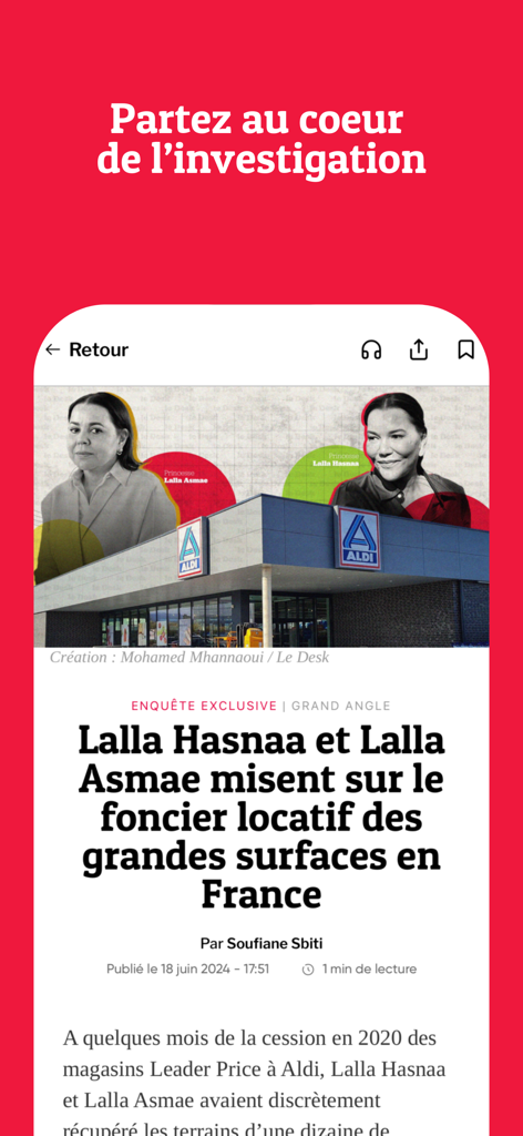 Le Desk - Le Desk Mobile App-Oberfläche, die einen exklusiven investigativen Bericht mit einer Überschrift und einem hervorgehobenen Bild anzeigt.