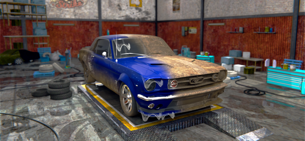 Car Wash - Power Washing Game - Voiture vintage bleue à moitié couverte de boue lors d'une séance de nettoyage haute pression