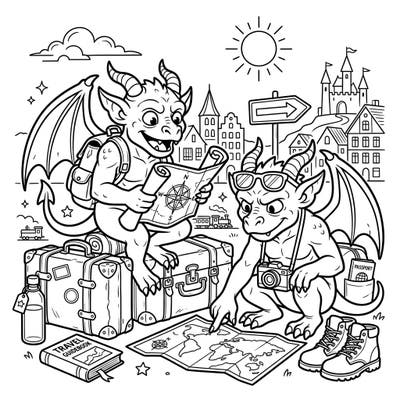 Join two charming horned gargoyles as they meticulously plan their next big vacation adventure, surrounded by all their essential travel gear. This delightful coloring page captures the spirit of exploration, inviting you to bring their journey to life with your favorite colors.
