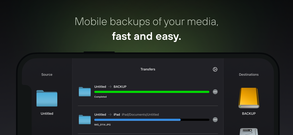 OffShoot Solo - Interface de l'application OffShoot Solo montrant la progression de la sauvegarde des médias mobiles et les transferts de fichiers vérifiés