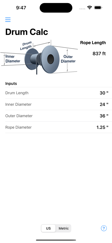 Rigger Ref - Rigger Ref app screen showing the Drum Calc interface with rope length calculations and drum dimensions