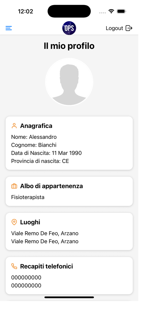 OPS Ordine TSRM PSTRP NAAVBNCE - 理学療法士の専門職登録と連絡先詳細が表示された、OPSアプリの個人プロファイル画面。