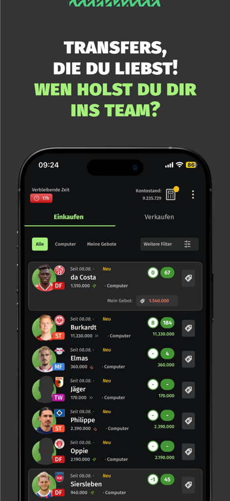 Comunio mobile app screen showing the soccer player transfer market with bidding and player values