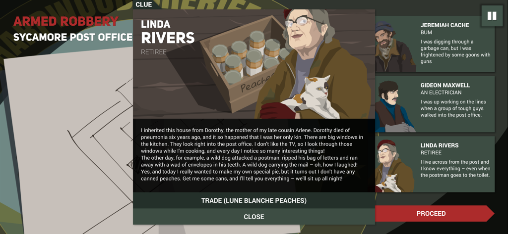 This Is the Police 2 - A witness interrogation screen in This Is the Police 2 showing a dialogue with a retiree character named Linda Rivers regarding an armed robbery case.